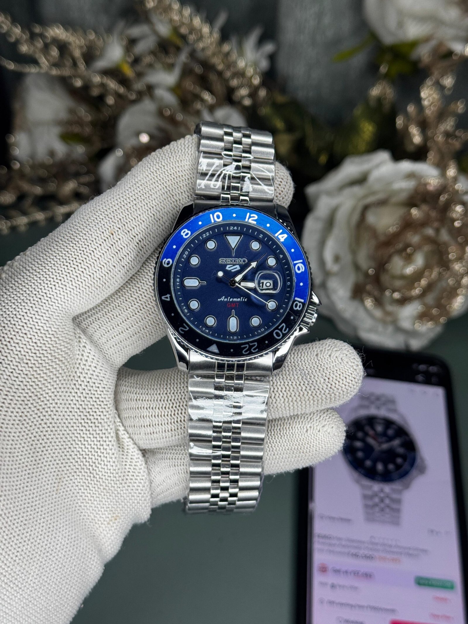 buy seiko first copy watches GMT silver blue quartz