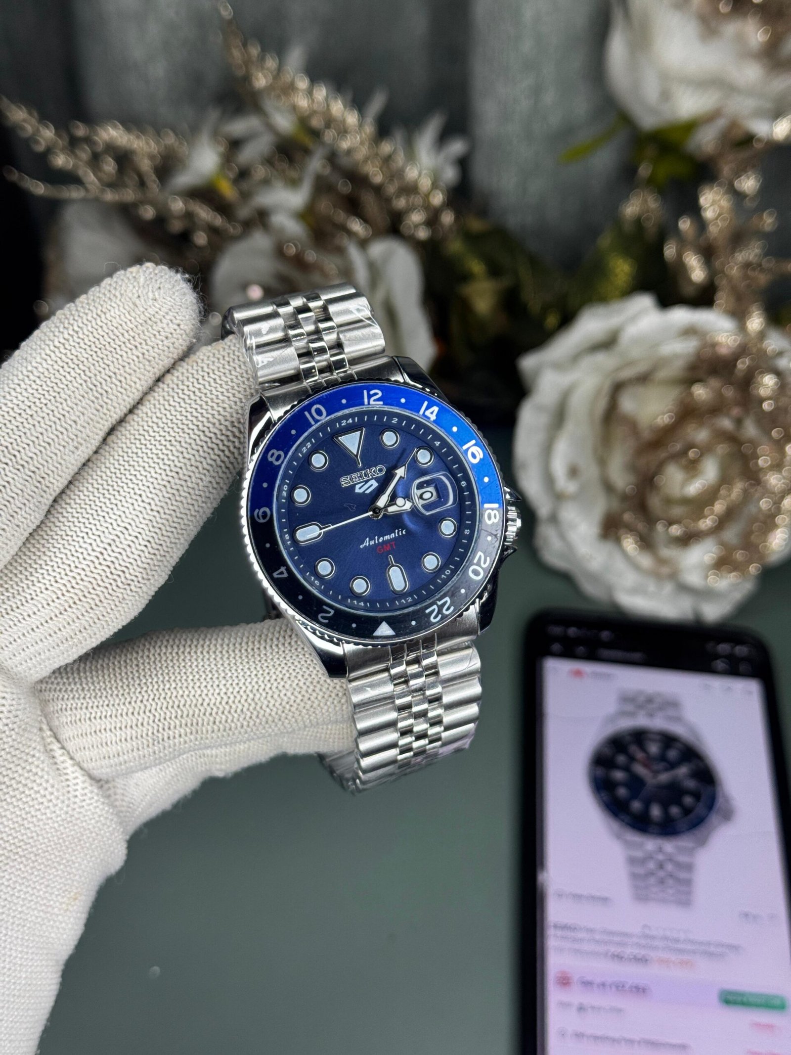 seiko first copy watches GMT silver blue quartz